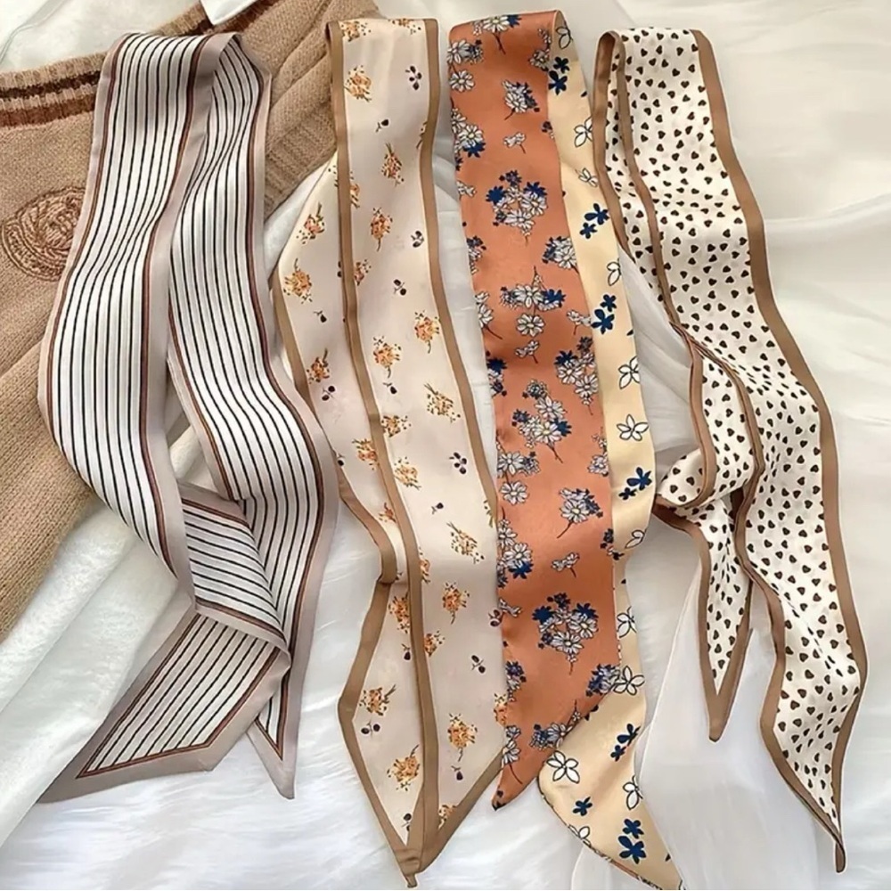 Neutral Floral Heart and Stripe Silk Twilly Scarf Set of 4
